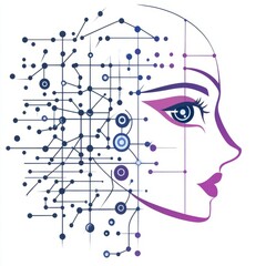 Poster - Abstract profile of a woman's face merged with circuit lines, representing AI or technology and human intelligence.