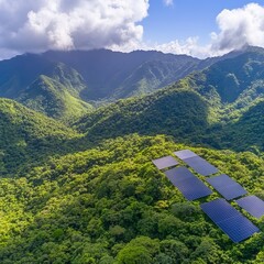 Poster - Aerial view of solar panels nestled in lush green mountains.