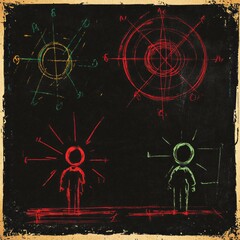 Poster - Chalkboard sketch of two figures with radiating ideas and geometric designs.