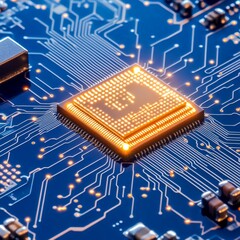 Poster - Close-up of a glowing CPU on a circuit board.