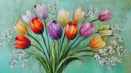 Sticker - A cheerful spring arrangement of colorful tulips and baby breath on a textured mint green canvas