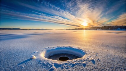 Canvas Print - Serene winter sunrise over a frozen lake with a hole in the ice