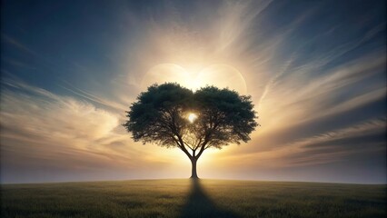 Sticker - Serene Sunset Landscape with Heart-Shaped Tree and Glowing Sun