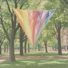 Poster - Colorful triangular artwork hanging between trees in a park.