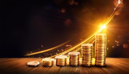 Poster - High energy concept of gold coins stacked with streaks of light, symbolizing financial growth and prosperity. dynamic scene evokes excitement and ambition