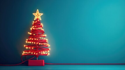 Fototapete - A unique Christmas tree formed from a red cable with glowing lights and a star, plugged into a power outlet on a vibrant blue background