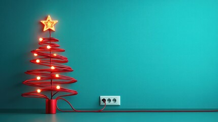 Fototapete - A unique Christmas tree formed from a red cable with glowing lights and a star, plugged into a power outlet on a vibrant blue background