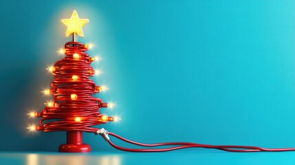 Fototapete - A unique Christmas tree formed from a red cable with glowing lights and a star, plugged into a power outlet on a vibrant blue background