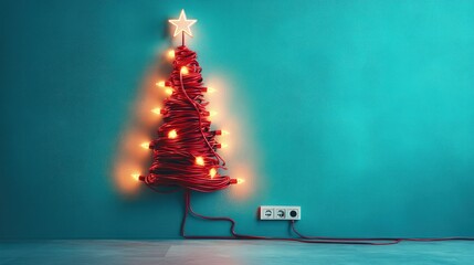 Canvas Print - A unique Christmas tree formed from a red cable with glowing lights and a star, plugged into a power outlet on a vibrant blue background