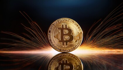 Poster - single glowing gold coin reflecting light on surface, surrounded by sparks, symbolizes digital currency and innovation