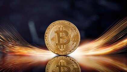 Poster - single glowing gold coin stands upright on reflective surface, surrounded by dynamic light trails, symbolizing essence of cryptocurrency and digital finance