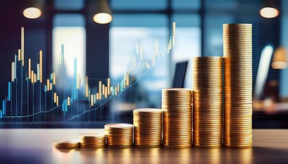 Poster - stack of gold coins arranged in ascending order with financial graph rising behind them symbolizes growth and prosperity in finance