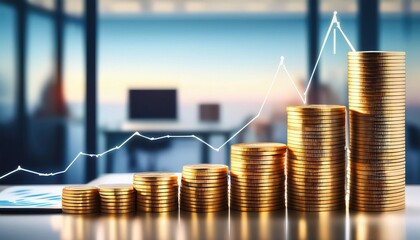 Poster - stack of gold coins arranged in ascending order with financial graph rising behind them symbolizes growth and prosperity. This captures essence of financial success and investment