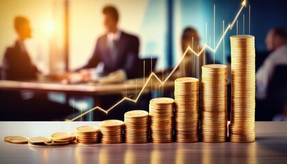 Poster - stack of gold coins arranged in ascending order with financial graph rising behind them symbolizes growth and prosperity. image conveys sense of success and financial achievement