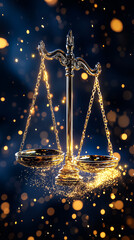 Poster - Holographic scales levitate elegantly in a dark background, illuminated by sparkling golden particles swirling around