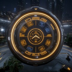Poster - Futuristic circular interface with glowing segments, displaying data in a dark city backdrop.