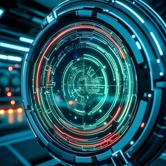Poster - Futuristic circular tech interface with glowing lines and data.