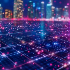 Poster - Futuristic city lights reflecting on a digital grid.