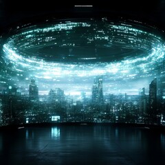 Poster - Futuristic city viewed from a high-tech room with a circular holographic display showing data streams.