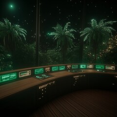 Poster - Futuristic control room overlooking a vibrant, nocturnal tropical landscape with palm trees and glowing particles.