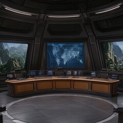 Poster - Futuristic control room with world map display, large curved desk, and panoramic windows showing tropical landscape.