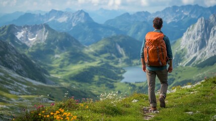 Wall Mural - hiker explores breathtaking mountain landscape during a sunny day in summer