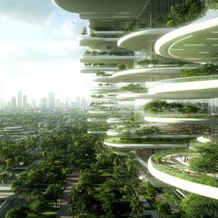 Poster - Futuristic eco-friendly skyscraper with lush vertical gardens and city view.