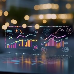 Poster - Futuristic glowing graphs and charts data visualization on a digital screen.