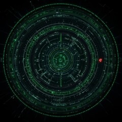 Poster - Futuristic green digital interface with concentric circles and data.