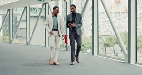 Poster - Walking, business people and men in lobby, tablet and teamwork with connection for email. Employees, financial agency or coworkers with tech, conversation or network with online report or digital app