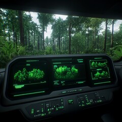 Poster - Futuristic vehicle dashboard displaying rainforest data.