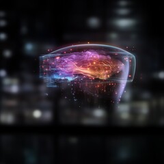 Poster - Glowing brain hologram, futuristic city background.