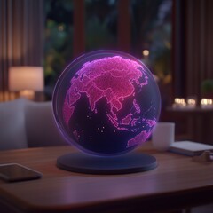 Poster - Glowing holographic earth globe on wooden table.