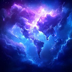 Poster - Glowing world map in vibrant nebula clouds.