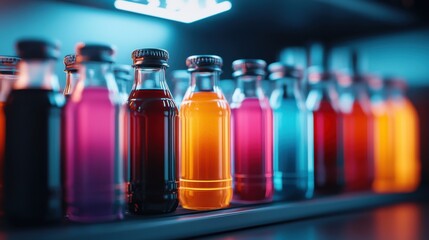 Wall Mural - Colorful Bottles of Drinks on a Shelf with Neon Light Background in a Darkened Environment