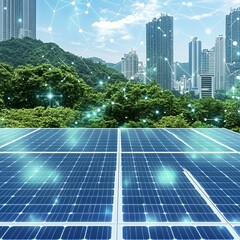 Poster - Green city skyline with solar panels and network connections.