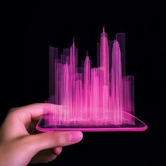 Poster - Hand holding a transparent phone displaying a pink holographic city model.