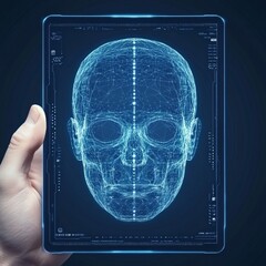 Poster - Hand holding futuristic tablet displaying a 3D digital human head scan.