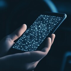 Poster - Hands holding smartphone displaying network connections.