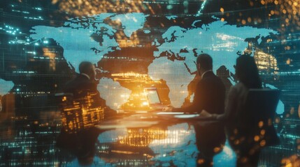 Poster - global business meeting high-tech conference room digital world map futuristic environment professio