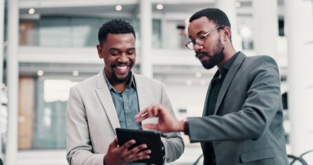 Poster - black men, tablet and collaboration with business, proposal and planning for project management and 
