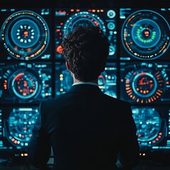 Poster - Man in suit viewing futuristic digital dashboards.
