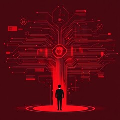 Aufkleber - man standing before a red digital circuit tree.