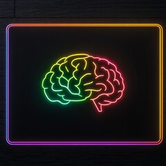 Poster - Neon brain sign on dark wood background.