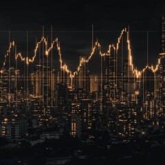 Poster - Night cityscape with superimposed stock market graph.
