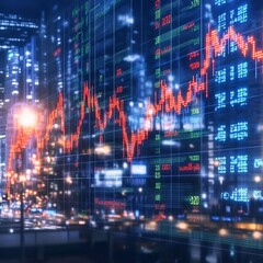 Poster - Night cityscape with superimposed stock market data showing a downward trend.