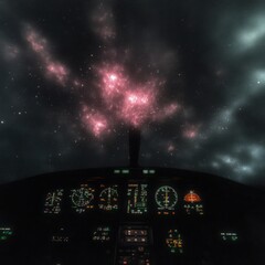 Poster - Night flight cockpit view with nebula visible through the window.