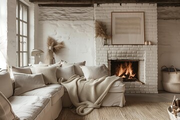 Poster - Cozy Scandinavian living room with a beige linen sofa, knitted throw blankets, and a fireplace framed by white brick walls and warm lighting.