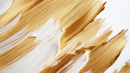 Poster - Dynamic golden brushstrokes on white canvas art studio abstract painting modern environment close-up view creative expression