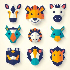 Poster - Nine geometric animal head icons; zebra, tiger, horse, rhino, boar, etc.